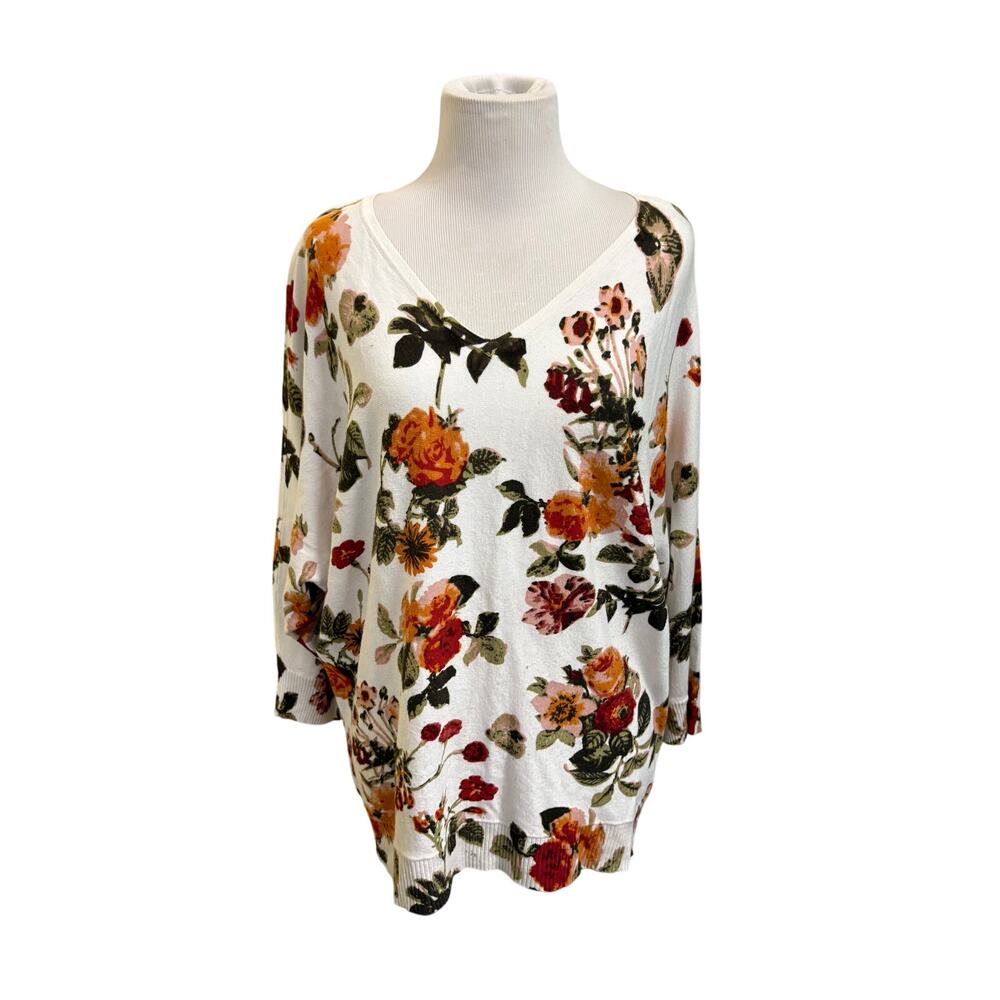 Joan Vass Sweater V-Neck Batwing Sleeve White with Rose Print Women's size L
